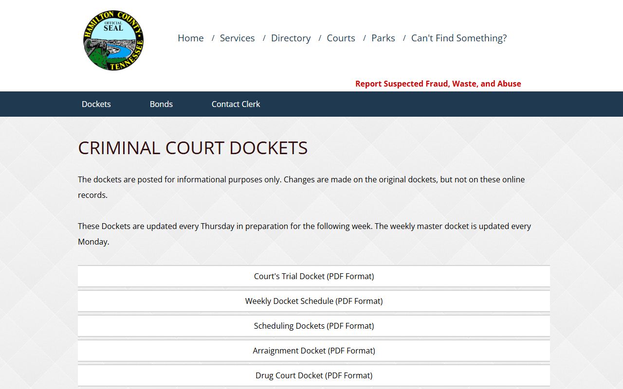 Hamilton County DUI Records Criminal Court Clerk page