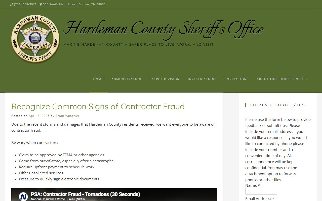 Hardeman County DUI Records Sheriff's Office page